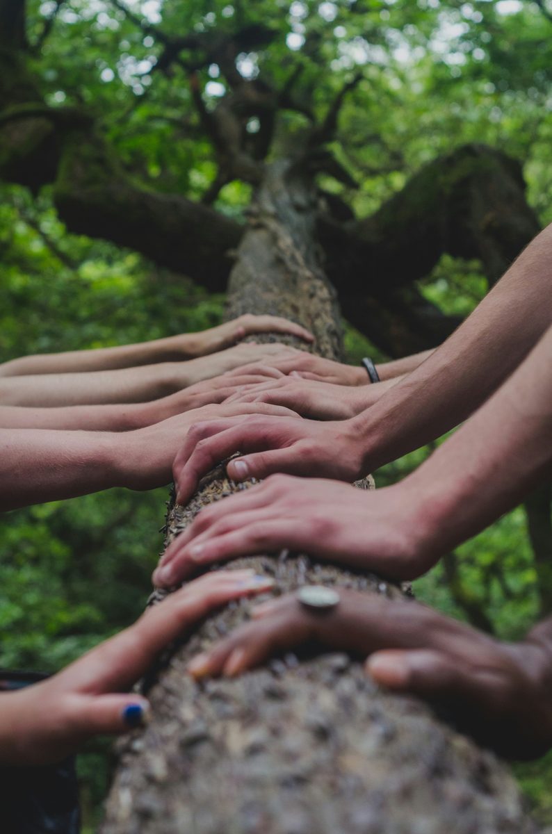 Many hands resting together in connection